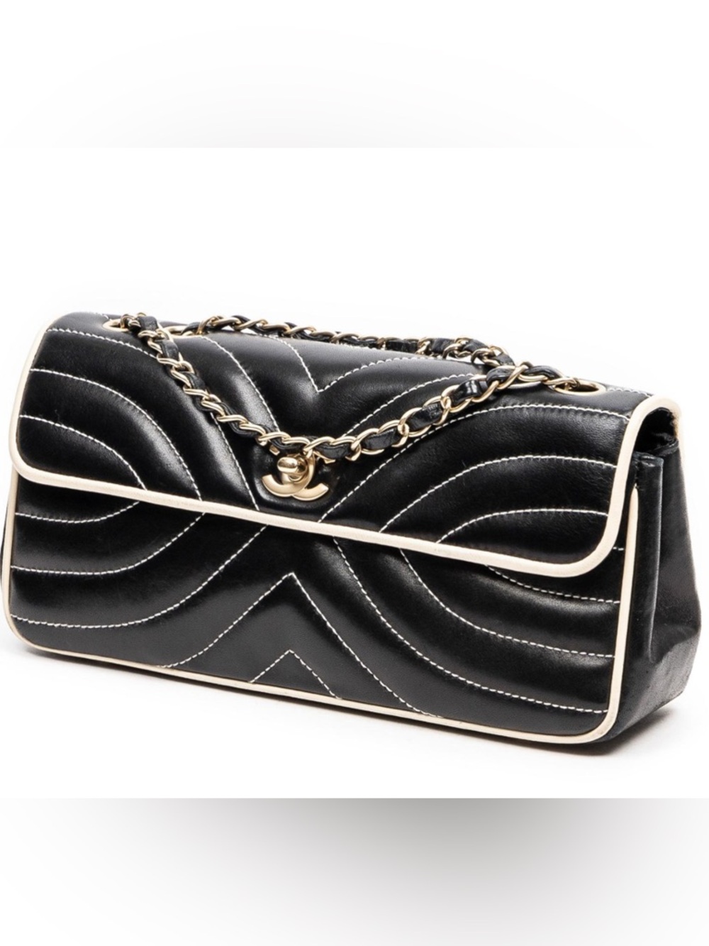 CHANEL Vintage East West Calf Leather Bag in Black and Whilte 24K Gold Hardware